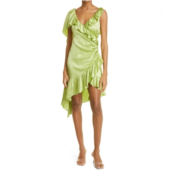 Cinq á Sept Silk Dress Green V-Neck Wrap Midi Asymmetrical Hem Size 8 NWT $545 - Picture 5 of 13